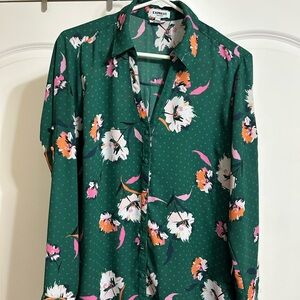 Express The Portofino Button Down Shirt Large Green Floral Long Sleeve